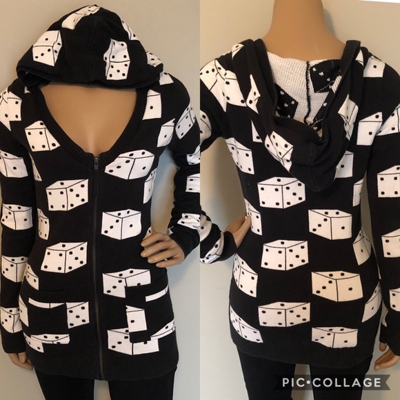 Betsey Johnson Tops - 🎲BeTSey JoHnSon🎲 Dice Hooded Zip Front Sweater